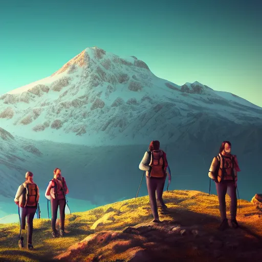 Image similar to close up photo of team in Armenia hiking at a weekend and posing with mountains on the background, elegant, highly detailed, digital painting, volumetric light, artstation, concept art, smooth, sharp focus, illustration