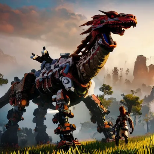 Prompt: cinematic still of horizon zero dawn, intact si - fi robotic fantasy dragon, highly detailed