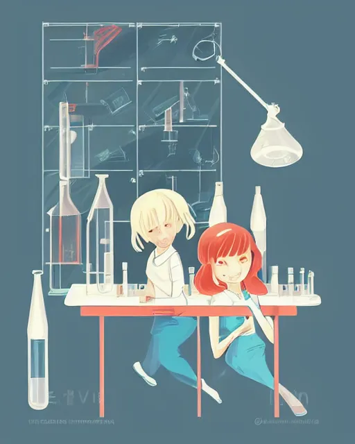 Image similar to a little girl in science lab experiment test tube microscope. clean cel shaded vector art. minimalist illustration art by lois van baarle, artgerm, helen huang by makoto shinkai and ilya kuvshinov, rossdraws