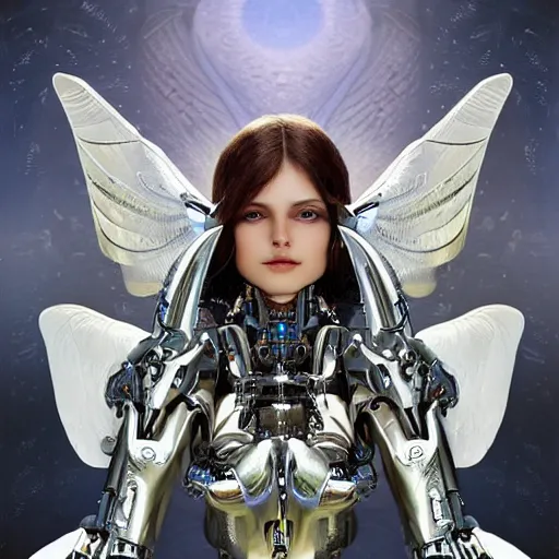 Image similar to UHD photorealistic studio portrait of a cyborg Angel with Angel wings, futuristic robot angel, extremely detailed, 8k, cinematic lighting, in the style of Max Ernst and Karol Bak, art by Amano with vivid colors and crisp details