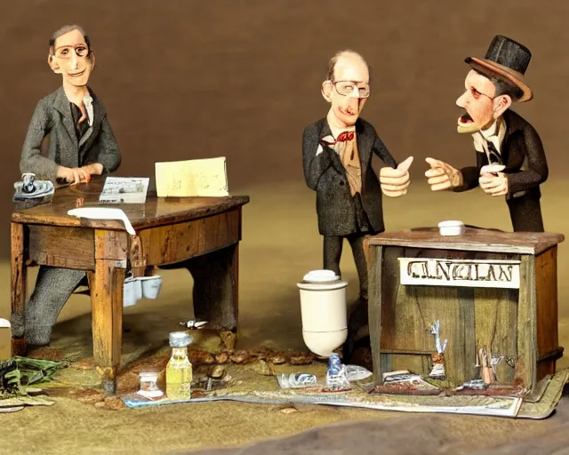 Prompt: diorama of claymation anthropomorphic snake oil salesmen operating the analytical snakeoil engine at the snake oil convention