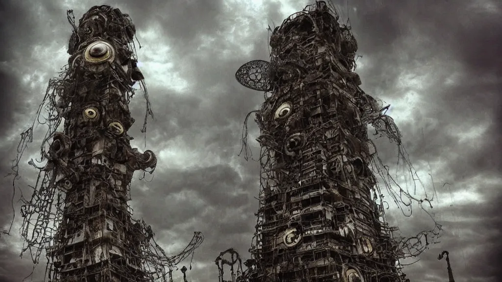 Image similar to A tower with an Eyeball at the top!!!, BioMechanical like Giger, with tentacles coming out, looking over a stormy post-apocalyptic wasteland, dystopian art, wide lens