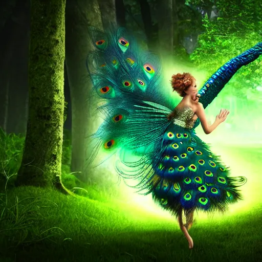 peacock fairy in a lush green forest, cinematic | Stable Diffusion