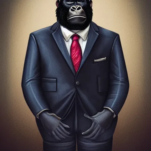 Image similar to a highly detailed portrait of an anthropomorphic gorilla wearing a well tailored business suit and tie, 8 k, 4 k, highly detailed, sharp,