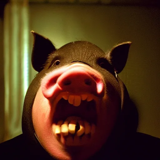 Image similar to creppy 2 0 0 3 photo of a pig masked man screaming in a dark room