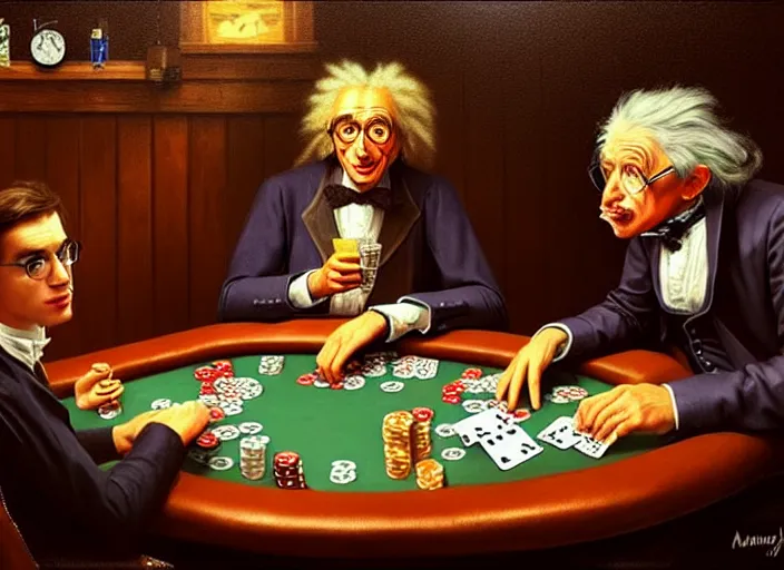 Image similar to playing poker in a saloon, Isaac Newton and Stephen Hawking and Albert Einstein, by Mandy Jurgens, trending on artstation, Richard Schmid and norman rockwell