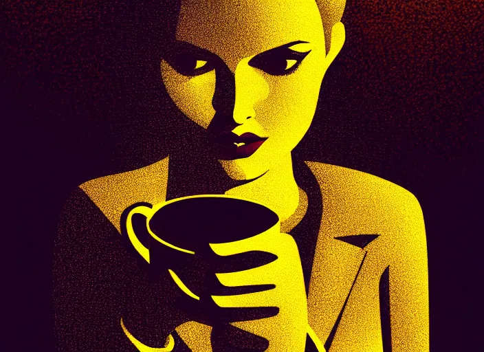 Image similar to portrait of a heroine drinking coffee, colorful,vivid, Mads Berg, Karolis Strautniekas,small finely stippled light, dramatic lighting,fine texutre, editorial illustration, detailed, matte print, dynamic composition,moody, cinematic, film grain,perspective