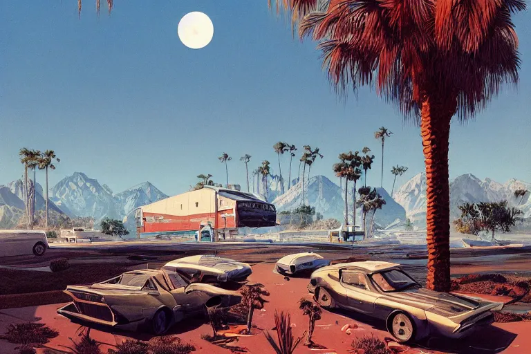 Image similar to broken robot | abandoned motel | palm trees | snowy mountains | moon in sky, painting by syd mead and weta studio and moebius and james jean and frank frazetta, highly detailed, rule of third, soft lighting, architectural magazine, beautiful detailed, insanely intricate details, artstation trending, hypermaximalistic, high details, cinematic