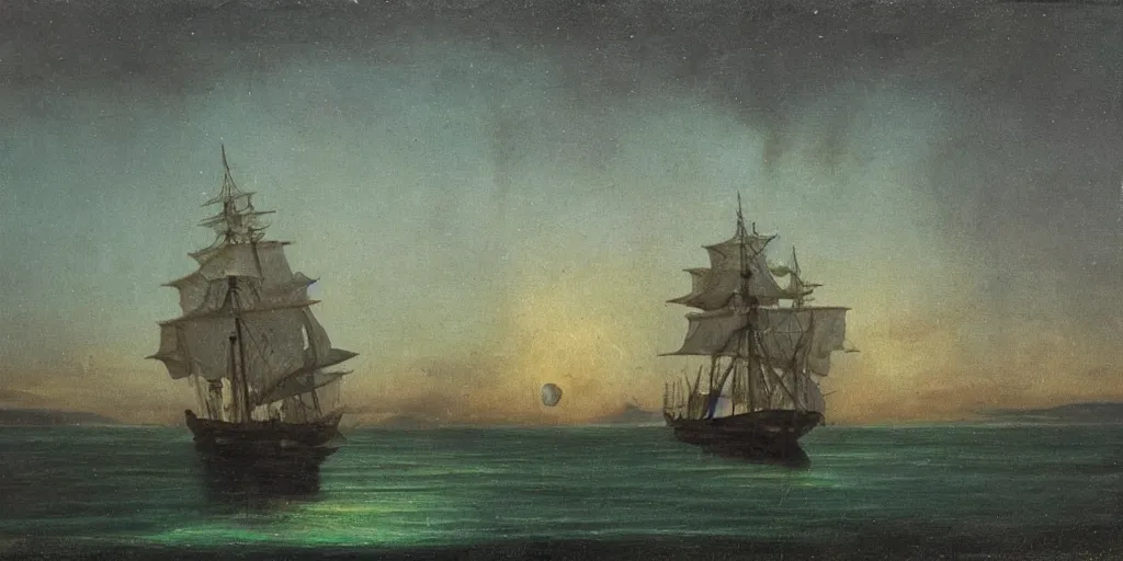 Image similar to “ an 1 8 0 0 s sail ship sailing in arctic waters, ice floating in water, nighttime, aurora borealis, oil painting ”