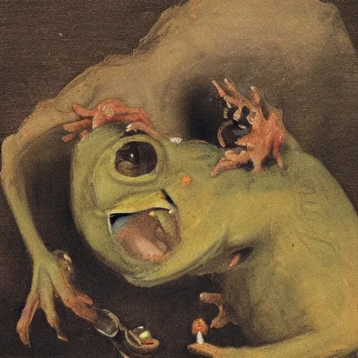 Prompt: “Kermit the Frog Devouring His Son” by Francisco Goya, in the style of “Saturn Devouring His Song”, fresco, horror