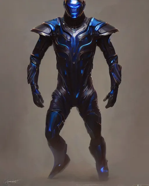 Image similar to character concept of iridescent sinewy smooth muscular male sleek glossy indigo black pearlescent flowing scifi armor with smooth black featureless helmet, by greg rutkowski, mark brookes, jim burns, tom bagshaw, magali villeneuve, trending on artstation