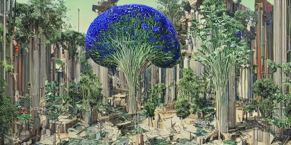 Image similar to masterpiece, graphic illustration of afro futurist florence courtyard designed by by frank lloyd wright architect, plants and trees on walkways low buildings, green energy, bicycles,, bill sienkiewicz, giant agapanthus flower from buildings wide angle, insanely detailed and intricate