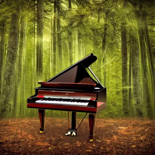 Image similar to grand piano in the middle of the forest, detailed, realistic, birds on the piano