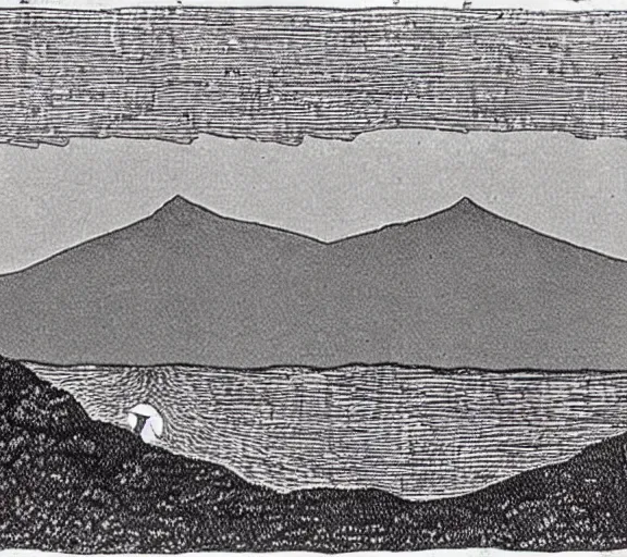 Prompt: a lost child wanders over a volcano, art by Edward Gorey,