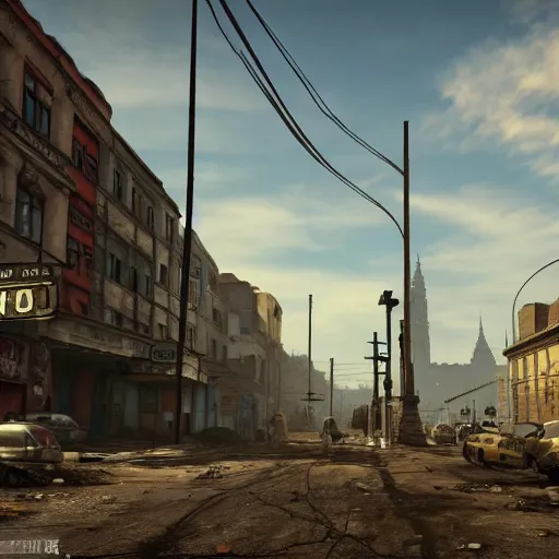 Image similar to fallout 5 set in budapest, 8 th district, game screenshot, 4 k, high detail