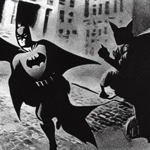 Image similar to a close - up old black and white photo, 1 9 1 3, depicting batman fighting a bad guy in an ally of new york city, rule of thirds, historical record