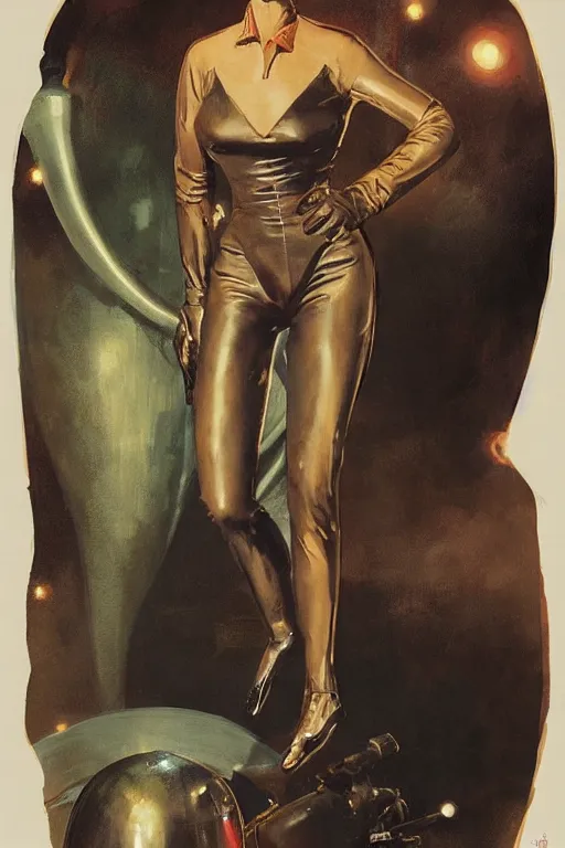Image similar to 5 0 s pulp scifi fantasy illustration full body portrait elegant slim mature woman in leather spacesuit, background english countyside, by norman rockwell, roberto ferri, daniel gerhartz, edd cartier, jack kirby, howard v brown, ruan jia, tom lovell, frank r paul, jacob collins, dean cornwell, astounding stories, amazing, fantasy, other worlds