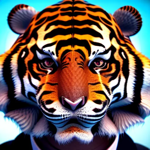 Image similar to portrait of an anthropomorphic tiger wearing a black suit, ultra detail, ultra realistic, soft fur, ssao 8 k, horror