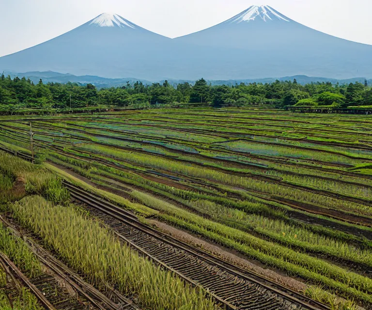 Image similar to a photo of mount fuji, japanese landscape, rice paddies, seen from a window of a train.