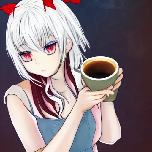 Prompt: white hair, red eyes, two small horn on the head, anime style, anime girl holding a cup of coffee