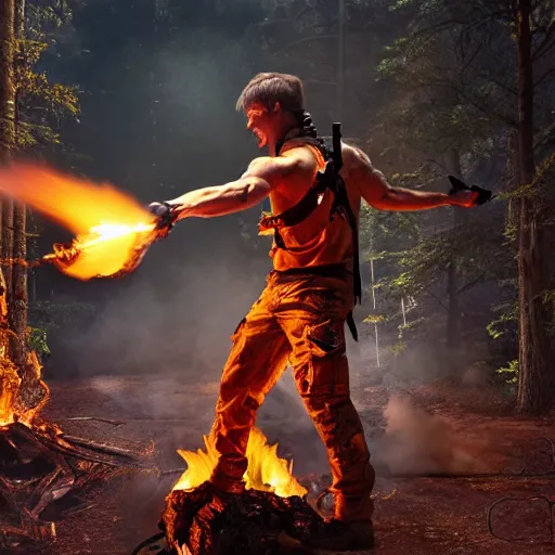 Image similar to Rambo shooting flames out of a flamethrower, moonlight, burning trees, burning computers on the floor, detailed face, real picture, 8K, action movie scene