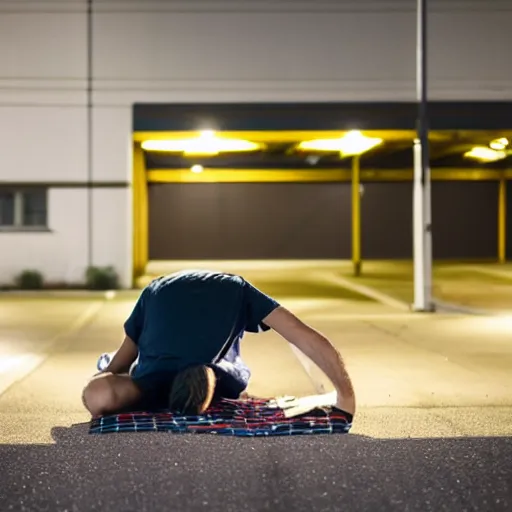 Image similar to young lanky Florida warehouse worker laying on the ground in the middle of a parking lot outside a logistics building, he is exhausted from work and staring into the night sky, realisitc photo, cinematic f/1.8 lens