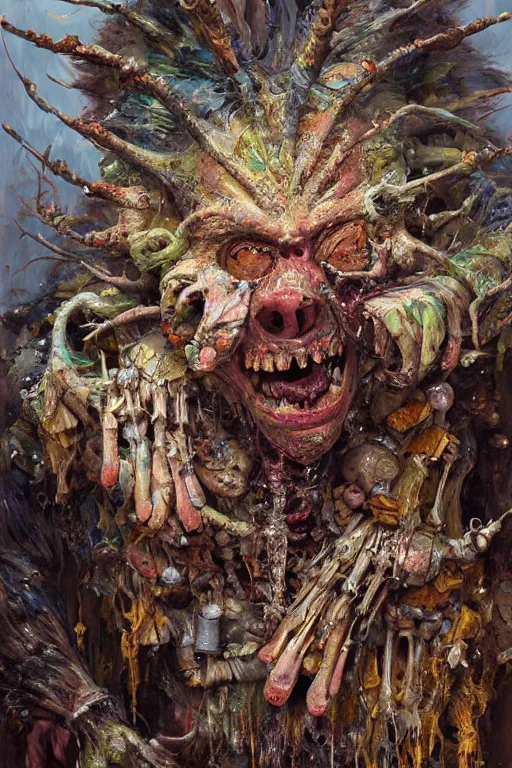 Prompt: close - up portrait of very ugly goblin by irakli nadar with intricate detailed color smashing fluid oil paint and acrylic, headdress made of bones, melting wax, mycelia, abstract impressionism, ruan jia, fantasy, hyper detailed, concept art, by peter mohrbacher and gustav klimt,