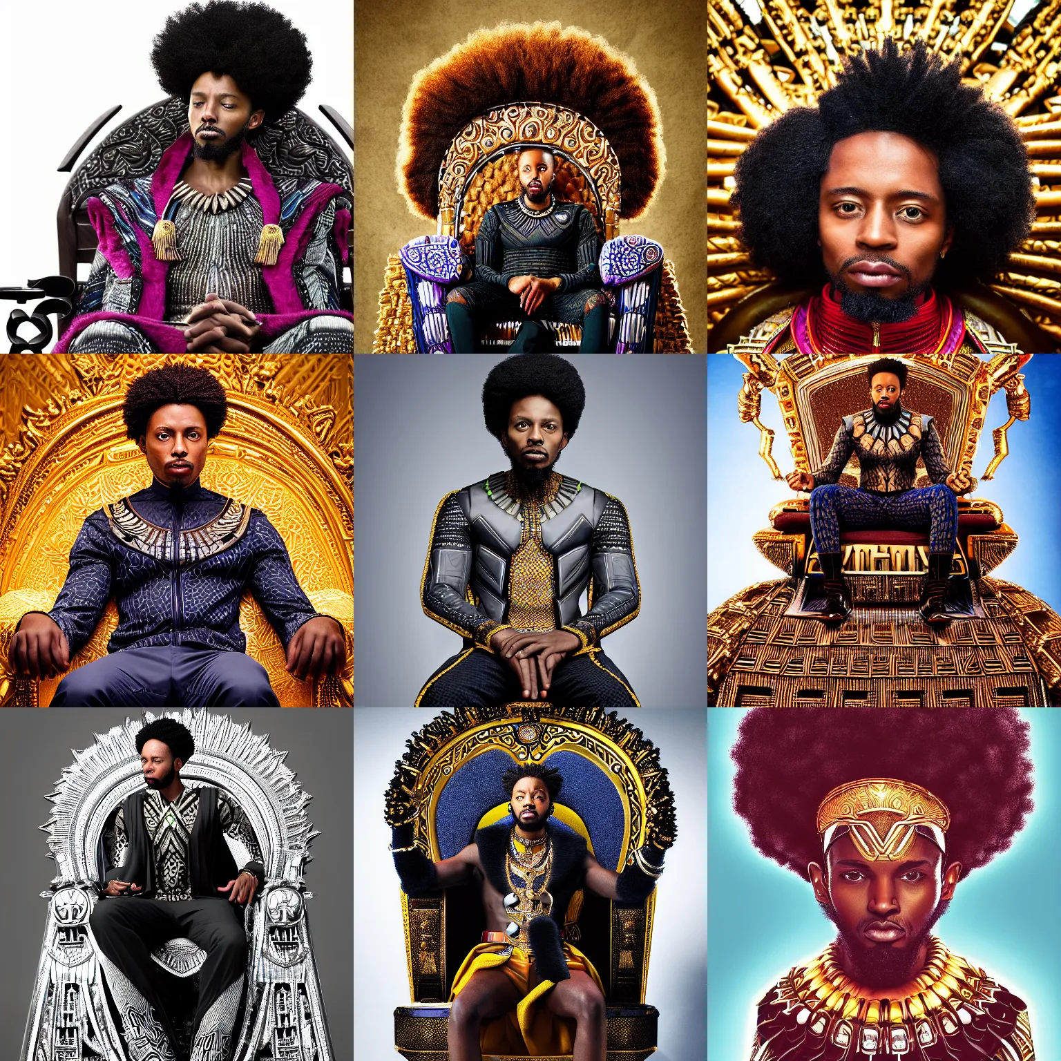 Prompt: portrait photography of a regal handsome wealthy Wakanda king on his afro futuristic throne, photorealism, highly detailed, shot by Joshua Rashaad McFadden