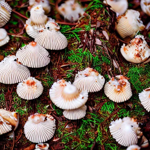 Image similar to a photograph of a clump of vanilla-chocolate swirl ice cream cones with sprinkles growing in the deep lush forest like mushrooms. Shallow depth-of-field