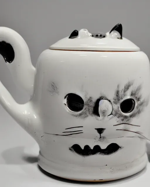 Image similar to a creepy white porcelain tea kettle, with it's lid shaped like a creepy happy cat head, it's handle shaped like a cat tail and it's spout in the shape of the cat paws, at the end of the spot there is a gray mouse. hyperreal, and intricately detailed