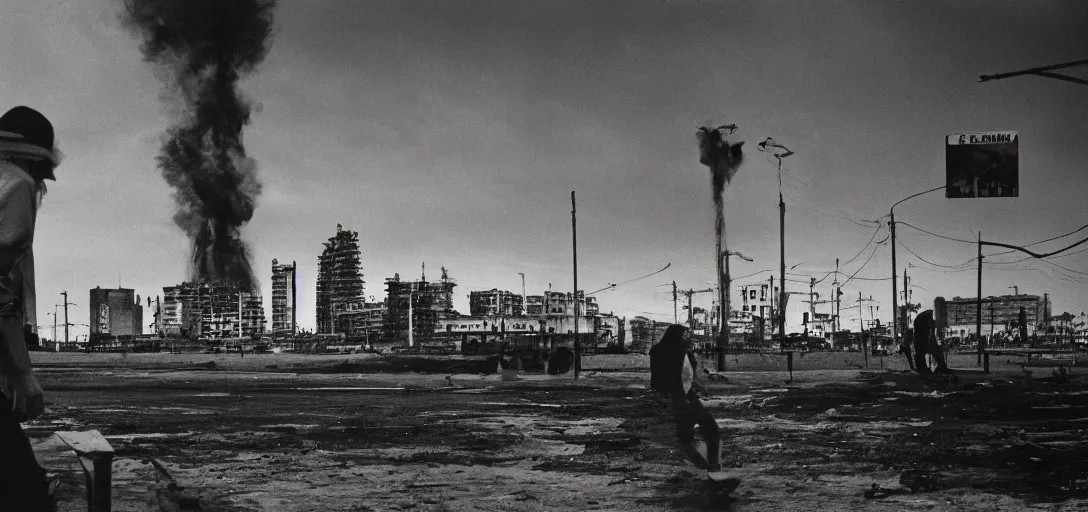 Image similar to apocaliptic Portrait of the city of Mar del Plata with a offshore oil dripping , by stephen Shore, epic composition 35mm