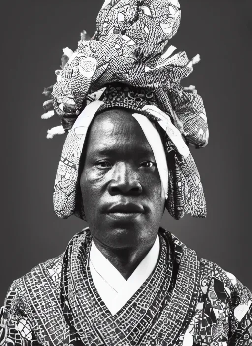 Prompt: an african chief wearing a Japanese Kimono, african facial features, full body shot, rembrandt lighting, black & white, 35mm, f/1.4, analogue, magazine collage,