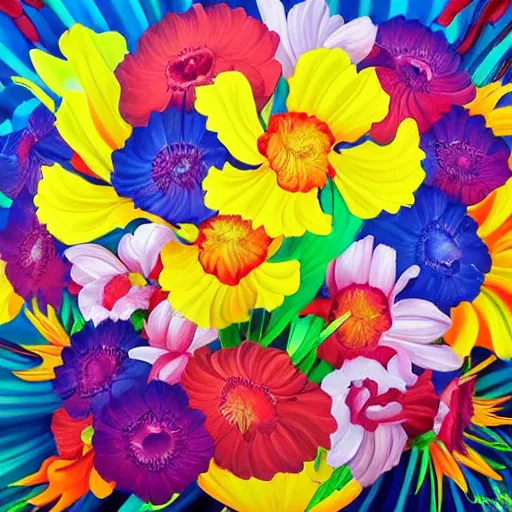 Prompt: a bouquet of colorful flowers, large opaque blossoms, light and shadow, glowing, vivid, detailed painting, by Ross Tran, Peter Max, Tomokazu Matsuyama, Neysa McMein, Dan Sautat, masterpiece, award winning painting