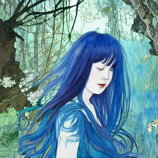 Image similar to side view a beautiful and inspiring intricate watercolor illustration artwork bright blue hair japanese girl in the forest, feeling the nature, eyes closed, 4 k, ultra - wide angle, by william turner, by victo ngai, by alphonse mucha, by miho hirano, hd, trending on artstation, hyper detailed, muted colors, inspiring, beautiful, energetic