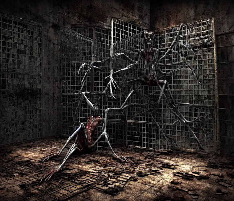 Prompt: creepy huge suffering humanoid with long limbs sits on the floor. An underground very dark gloomy multi-layered structure of rusty thick iron grates, dense chain-link fencing and peeling walls. Inside view, collapsed floors, bent rusted iron, masterpiece, black background, corners, cinematic, hyperdetailed, photorealistic, hyperrealism, octane render, 8k, depth of field, bokeh, architecture, shadows, art by Zdzisław Beksiński, Dariusz Zawadzki