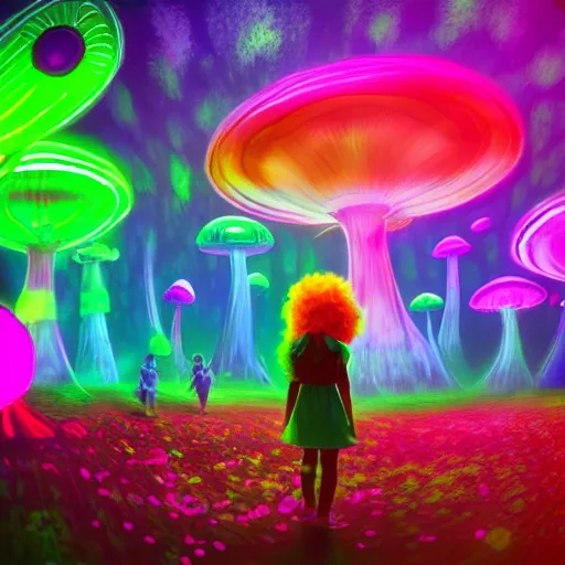 Image similar to Little girl wandering among many giant glowing mushrooms, Neon colors, psychedelic art, trippy, 4k, HQ, Trending on Artstation