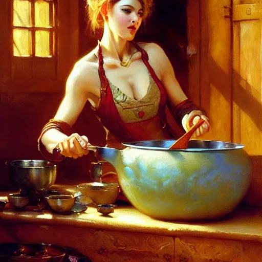 Prompt: stunning female master wizard cooking magical soup with a huge pot, highly detailed painting by gaston bussiere, craig mullins, j. c. leyendecker, 8 k