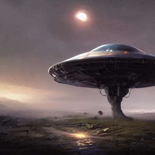 Prompt: crashed ufo in to the ground, concept art, art station landscape, greg rutkowski, cinematic lighting hyper realistic painting, dark atmosphere