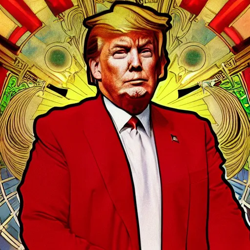 Prompt: Portrait of Trump wearing a red suit, illustrated by Alphonse Mucha, yellow stars, award-winning digital art, 4k resolution,