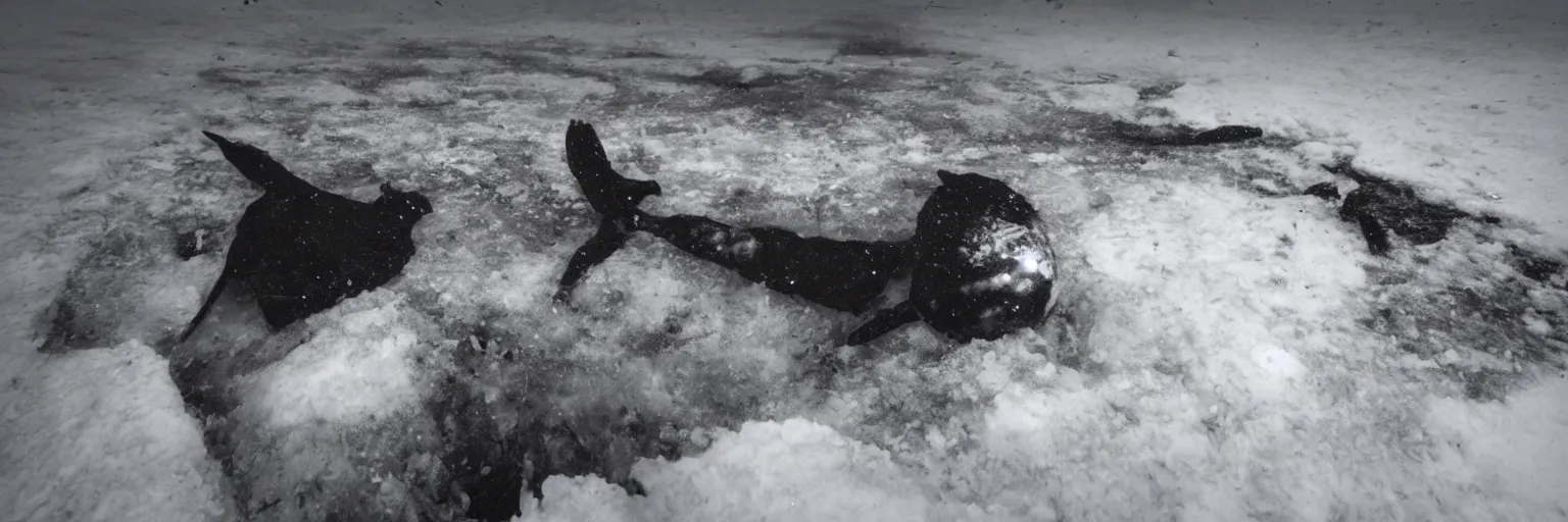 Prompt: photo of A (gigantic) monster trapped under the ice