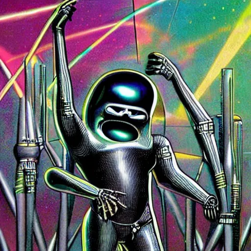 Image similar to 1 9 8 0's heavy metal album art, a shiny reflective detailed chrome android dancing with a skeleton wearing a skintight black latex bodysuit inside an alien nightclub, colorful lighting