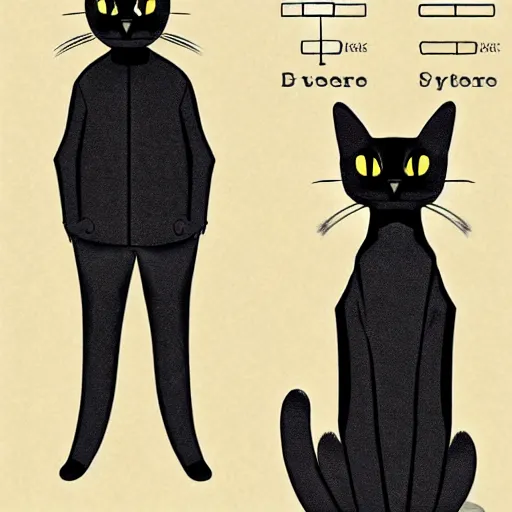 Image similar to A reference sheet for a formally dressed black cat, digital art