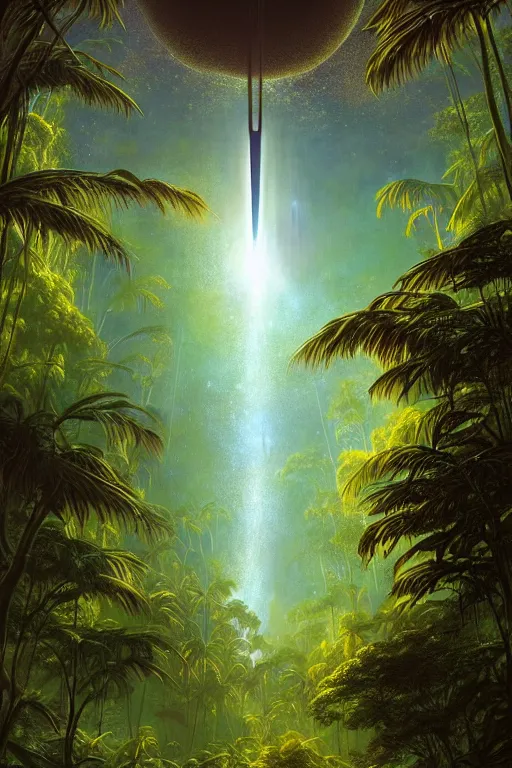 Prompt: a tropical forest suspended in space, meteor shower, tone mapped, shiny, intricate, cinematic lighting, highly detailed, digital painting, artstation, concept art, smooth, sharp focus, illustration, art by arthur haas and bruce pennington and john schoenherr