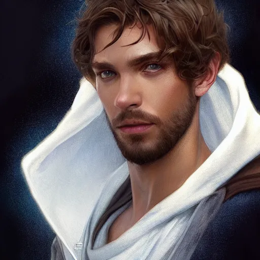 Image similar to ultra realistic illustration, a young man in a white hood, with brown hair, with blue eyes, intricate, elegant, highly detailed, digital painting, artstation, concept art, smooth, sharp focus, illustration, art by artgerm and greg rutkowski and alphonse mucha