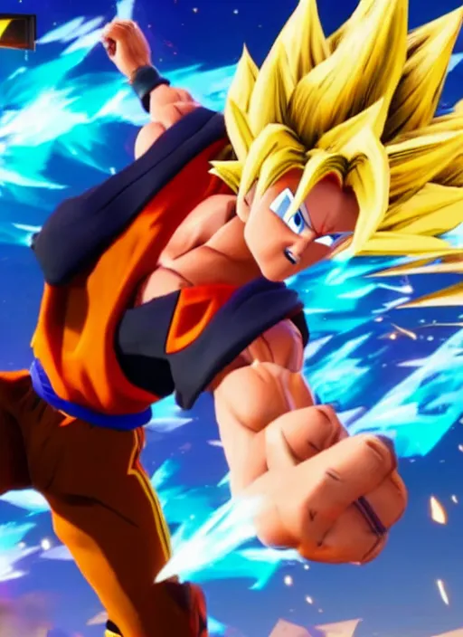 Image similar to game still of super sayan goku as a fortnite skin in fortnite.