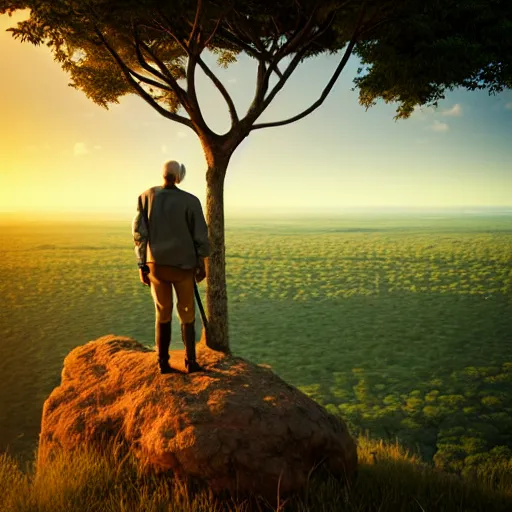 Image similar to old man standing on a rock overlooking the savanna, high detailed, super high resolution, realistic, concept art, artistic, octane render, masterpiece fine details