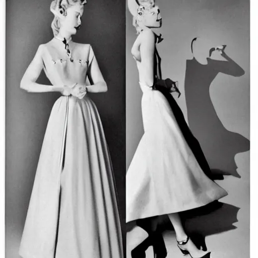 Prompt: Christian Dior dress, fitted on a model, beautiful, 1950s Dior catalogue, fashion photography, B&W, grainy, highly detailed