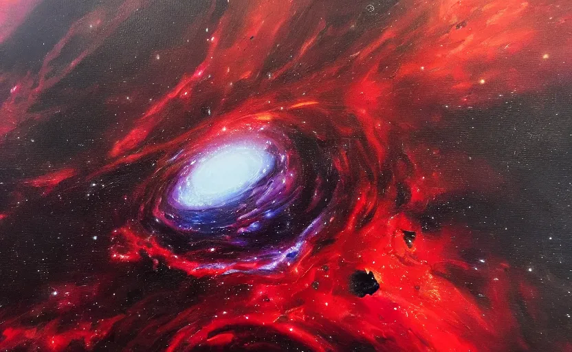 Image similar to an oil painting of a beautiful space nebula, red and black; hyper-detailed; an extraordinary masterpiece!!!; flawless; trending on artstation