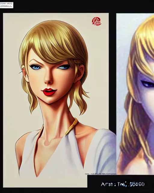 Image similar to taylor swift as nami from one piece, simple cream dress, detailed perfect face, mid view, by artgerm, by studio muti, greg rutkowski makoto shinkai takashi takeuchi studio ghibli