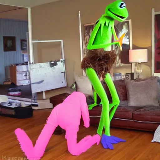 Image similar to kermit the frog and alf the alien aka gordon shumway expressing deviant activity in living room